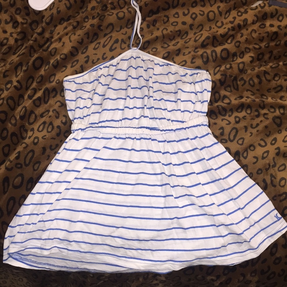 XS White & Blue striped tube top/ neck-tie-top
